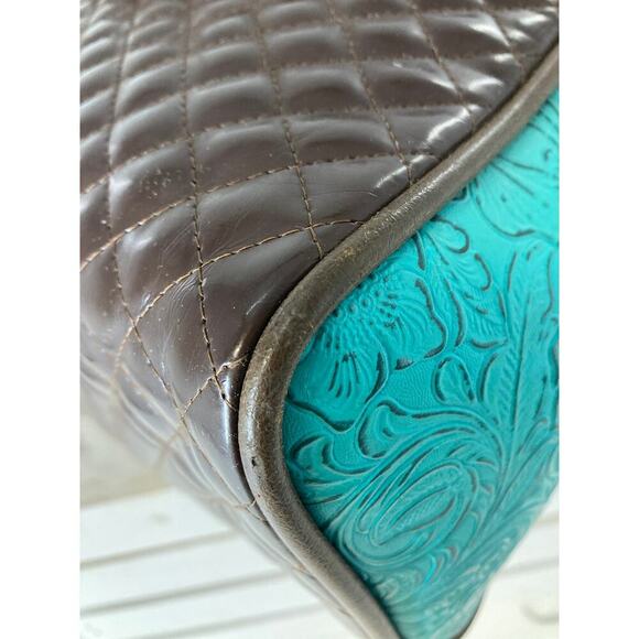 CONSUELA LARGE BROWN, TEAL QUILTED TOTE BAG WITH EMBOIDERY. - Picture 11 of 16